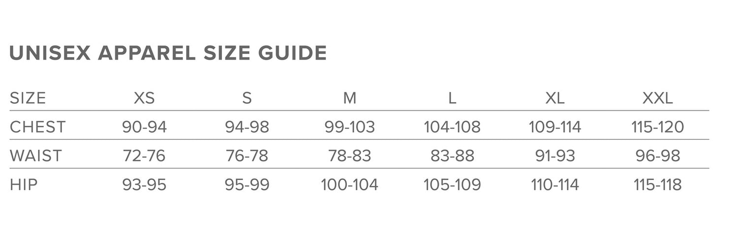 Downwinder Jacket size chart